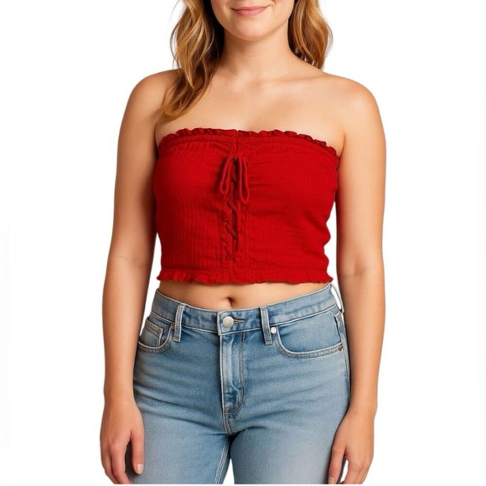 American Eagle Red Strapless Tube Top with Lace-Up Front | Size Small